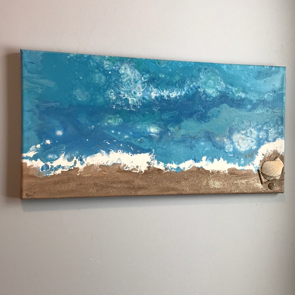 10 x 20” beach ocean abstract painting signed by artist  gold jewelry shells
